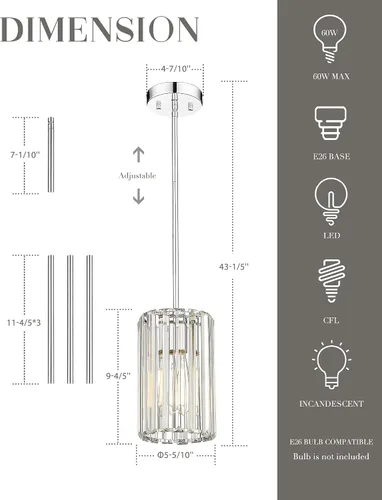 Miniatura 2 de Lámpara colgante de cristal cromado pulido, lámpara colgante moderna, mini lámpara para cocina, comedor, dormitorio, CKPL5510-1P-PC Cromo pulido