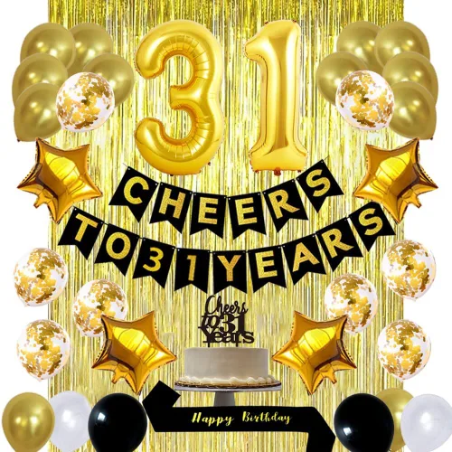 Kit dorado de decoración de cumpleaños número 31, globos de pancarta de "Cheers To 31 años", banda de cumpleaños 31, cortinas de flecos de papel de