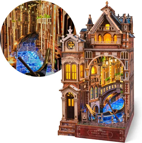 Miniatura 8 de FUNPOLA Kit de rincón de lectura del tren Sakura – Rompecabezas de madera 3D con LED y espejo infinito – Decoración de estantería DIY, manualidad