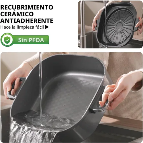 Miniatura 6 de Sartén eléctrica de 6 cuartos con parrilla Olla antiadherente con revestimiento cerámico libre de PFOA, 1600W, temporizador y 3 configuraciones