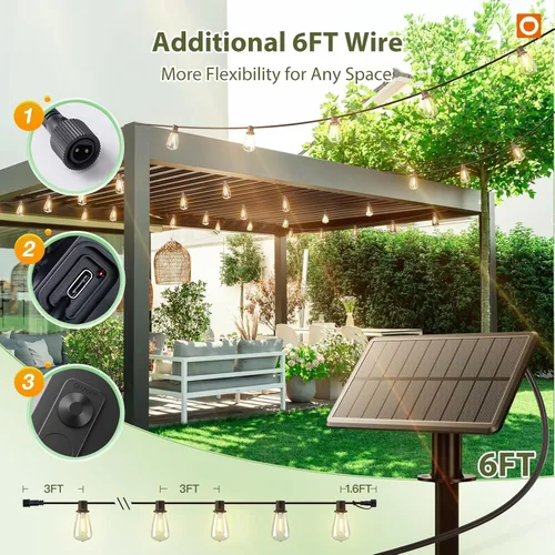 Miniatura 7 de addlon Luces de Cadena Solares de 33 (27+6) Pies Impermeables, Luz de Patio Solar con Control Remoto y Puerto USB, 9+1 Bombillas LED Irrompibles, 3
