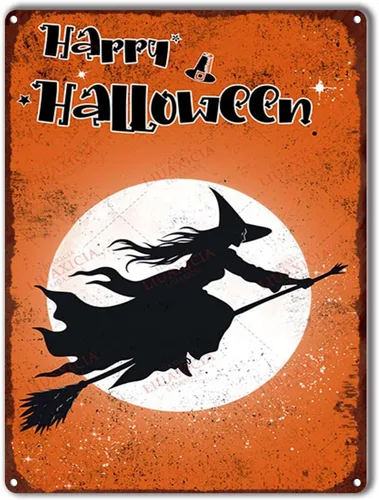 Miniatura 15 de Letrero de hojalata retro con diseño de bruja de Halloween para pared de garaje, pared de taller, 8.00 x 12.00 pulgadas