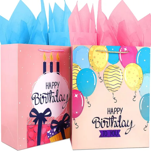 Juego de bolsas grandes de regalo de cumpleaños, paquete de 2 bolsas de regalo rosas con papel de seda y asas para niñas, mujeres, ella, envoltura