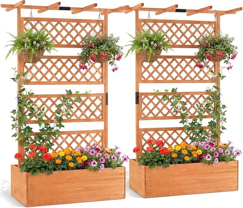 Miniatura 11 de Maceta de Jardín de Madera Giantex con Enrejado, Cama Elevada de 180 cm para Jardín, Enrejado Alto para Plantas Trepadoras y Flores, Maceta