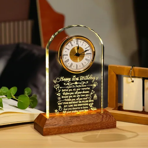 Miniatura 2 de Arikyrist Reloj de cristal de feliz cumpleaños 80 para hombres y mujeres, reloj de cuarzo con base de luz LED de madera, regalos de cumpleaños de 80