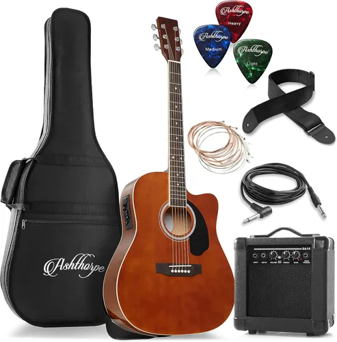 Miniatura 11 de Ashthorpe Paquete de guitarra eléctrica acústica Dreadnought Cutaway de tamaño completo con amplificador de 10 W, color negro