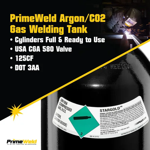 Miniatura 2 de PrimeWeld Botella 75% Argón 25% CO2 125CF DOT 3AA Válvula CGA 580 de EE. UU. La mejor mezcla de gas para soldadura MIG Cilindros completos
