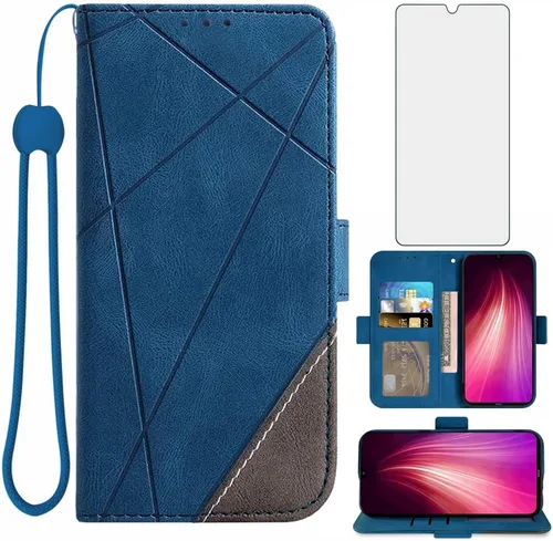 Asuwish Compatible con Xiaomi Redmi Note 8 - Funda tipo cartera y protector de pantalla de vidrio templado, cordón de cuero, soporte magnético para