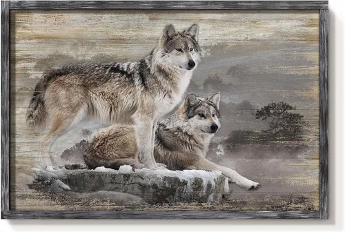 Miniatura 12 de Arte de Pared Enmarcado de Lobo: Pintura Moderna de Animales Salvajes de Madera Rústica Natural Imagen de Vida Silvestre Obra de Arte de Lobo Gris
