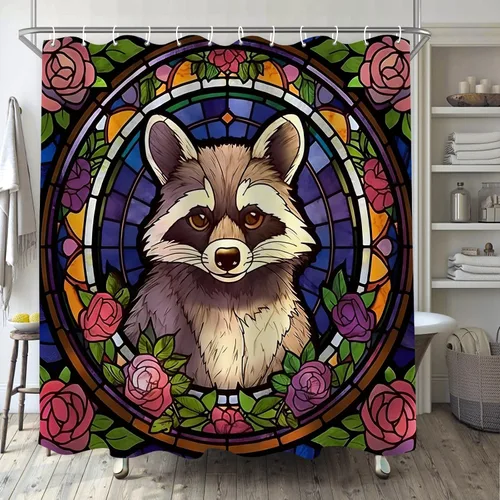 YLATY4413 - Cortina de ducha de mapache para baño, diseño de hojas de flores, arte de cristal, bohemio, tela abstracta, moderna, impermeable,