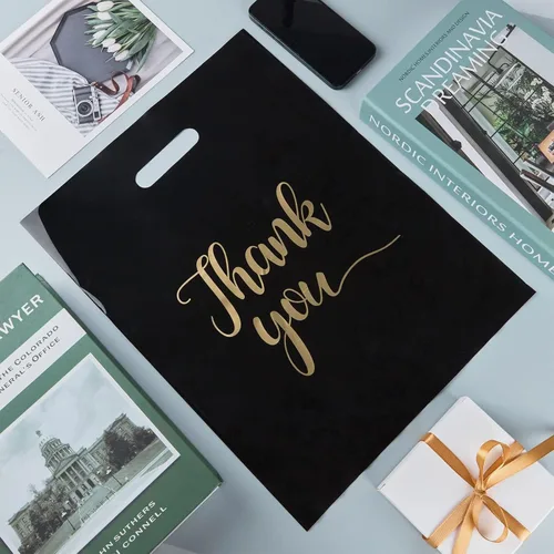Miniatura 7 de ZORRITA Paquete de 100 bolsas de agradecimiento para pequeñas empresas, bolsas de plástico de 12 x 15 pulgadas con asas, bolsa de mercancía al por