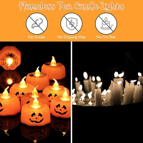 Miniatura 5 de Litake Luces LED de calabaza de Halloween, paquete de 12 luces de té parpadeantes de Jack-O'-Lantern, velas de calabaza que funcionan