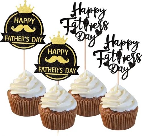 Miniatura 8 de Paquete de 24 adornos para cupcakes con purpurina para el Día del Padre, con purpurina para el mejor papá del mundo, sombrero de bigote #1