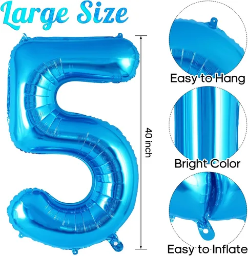 Miniatura 3 de Globo azul del número 5 de 40 pulgadas, globos grandes de aluminio con helio, globos gigantes de Mylar número 5 para decoración de fiesta