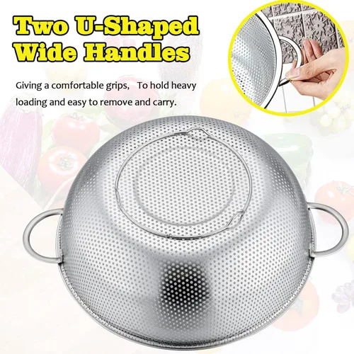 Miniatura 6 de P&P CHEF Colador de acero inoxidable, colador de alimentos microperforado con asa para lavar y drenar, ideal para pasta, frutas, verduras, apto