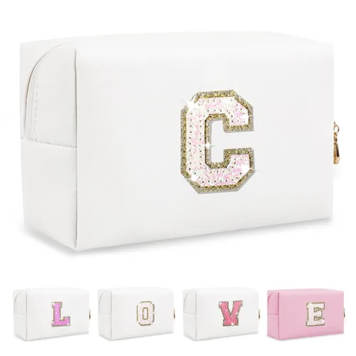 Miniatura 55 de Pequeña bolsa de maquillaje personalizada con inicial A-Z Preppy Patch, bolsa de cosméticos de viaje de felpilla blanca con cremallera, bonita bolsa