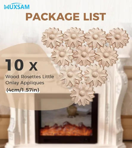 Miniatura 5 de MUXSAM Paquete de 10 rosetas de madera, apliques pequeños onlay, sin pintar, calcomanías redondas de tallado de flores para el hogar, armarios
