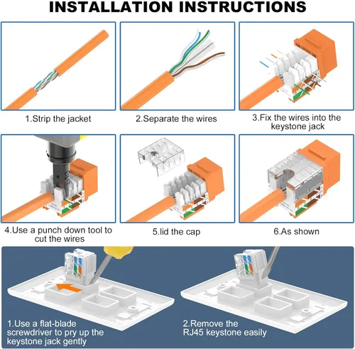 Miniatura 8 de VCE Conector Keystone Cat6 RJ45 con certificación UL, paquete de 25, adaptador de conector Keystone de presión de 90 grados, perfil delgado, naranja
