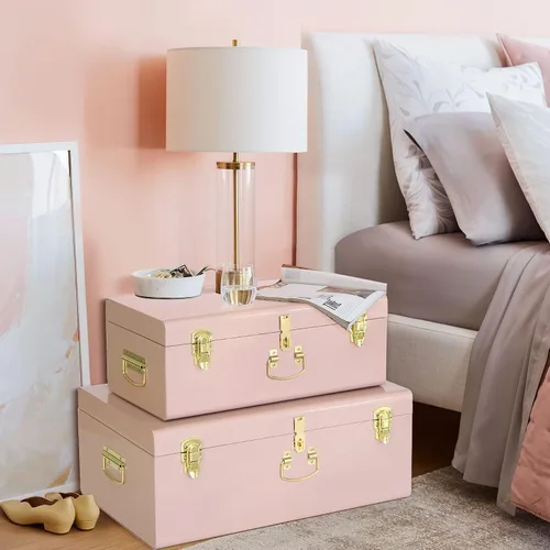 Miniatura 4 de Vixdonos Conjunto de 2 baúles de almacenamiento decorativos de metal – baúl para dormitorio universitario con asa (rosa)