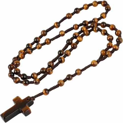 TUMBEELLUWA Collar de cuentas con colgante de cruz para hombres y mujeres, collar con rosario católico anudado a mano