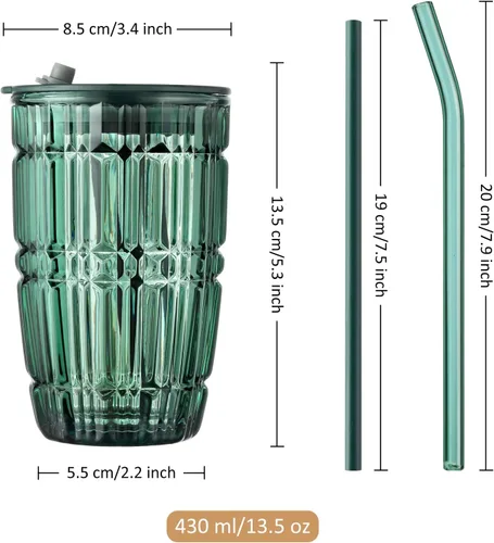 Miniatura 7 de Joeyan Vaso verde de 14.5 onzas con tapa y pajita, tazas de vidrio para café helado a rayas, tarro de té de batido de color, bebidas portátiles