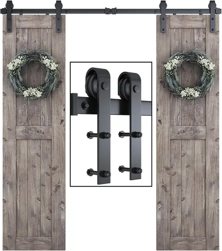 SMARTSTANDARD Kit de herrajes para puerta de granero doble de 6.6 pies, riel de puerta corrediza suave y silencioso, incluye instalación detallada,