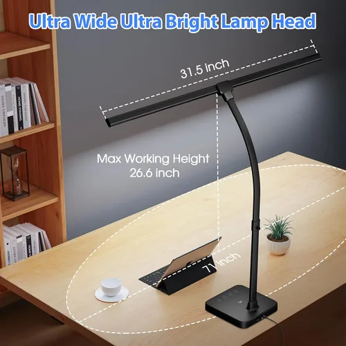 Miniatura 9 de ShineTech Lámpara de escritorio LED para oficina en casa, luz de escritorio de doble cabezal de 24 W con carga inalámbrica, puerto USB, 25 modos