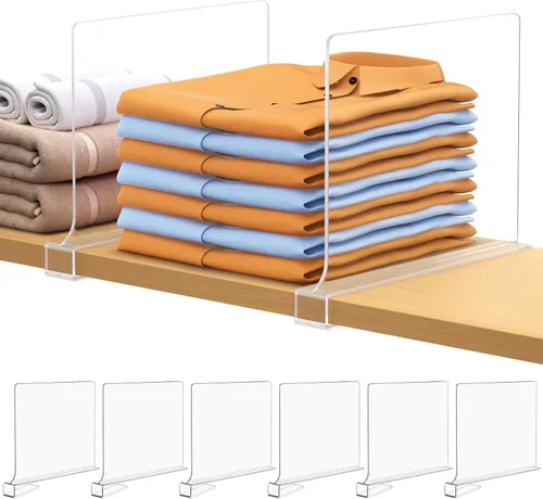 6 unidades de divisores de estante para organizar el armario, divisor de estante de acrílico transparente para estanterías de madera, adecuado para