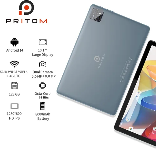 Miniatura 2 de PRITOM TAB12 - Tableta de teléfono de 10 pulgadas Android desbloqueada, WiFi de 5 GHz, Octa-Core, con funda de cuero, 128 GB, tableta de red 4G