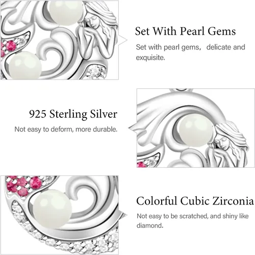 Miniatura 6 de GNOCE Dije de plata de ley 925 con diseño de sirena y perlas de oro rosa con circonitas cúbicas para pulseracollar, regalo para mujer (2 plata)