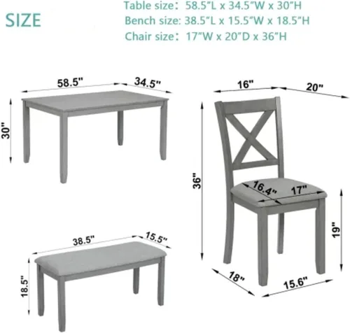Miniatura 7 de Juego de mesa de comedor de 6 piezas para 4-6 personas, juego de cocina con 4 sillas tapizadas y un banco, sillas de sala de estar con respaldo