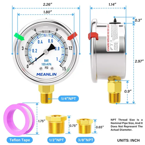 Miniatura 34 de MEANLIN MEASURE Medidor de presión de acero inoxidable relleno de líquido de 0 ~ 300 psi, esfera de cara NPT de 2 pulgadas para compresor de aire