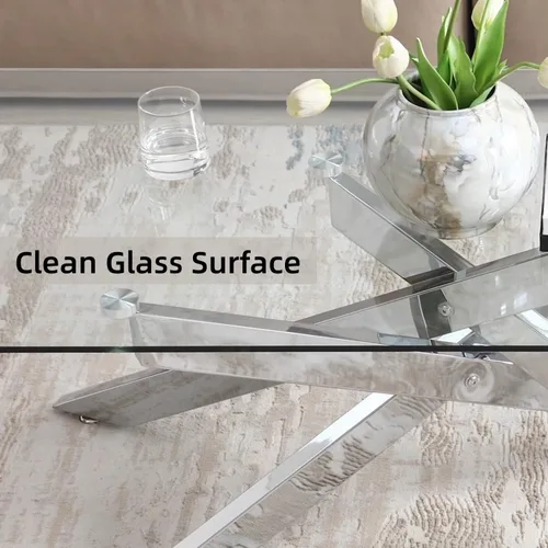 Miniatura 4 de Mesa de centro rectangular moderna, tapa de vidrio templado y pata tubular de metal, 47.3 pulgadas de largo x 23.6 pulgadas de ancho x 18.1 pulgadas