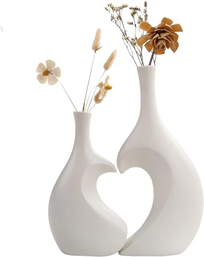 Juego de 2 jarrones de cerámica blanca, jarrones en forma de corazón, acabado de textura mate esmerilada, decoración de granja, decoración del Blanco