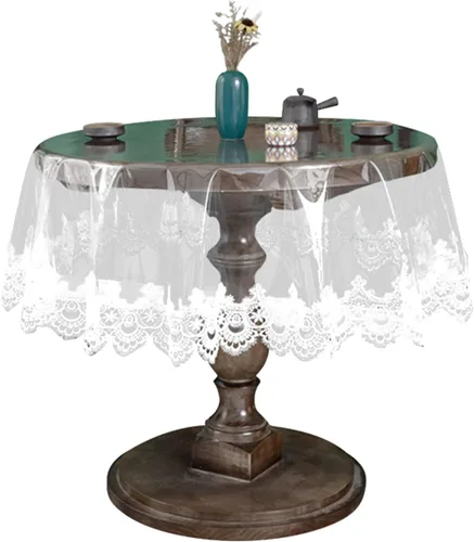 Miniatura 19 de Mantel redondo de plástico transparente, impermeable, de vinilo, PVC, bordado, borde de encaje, transparente, para cocina, uso en exteriores e