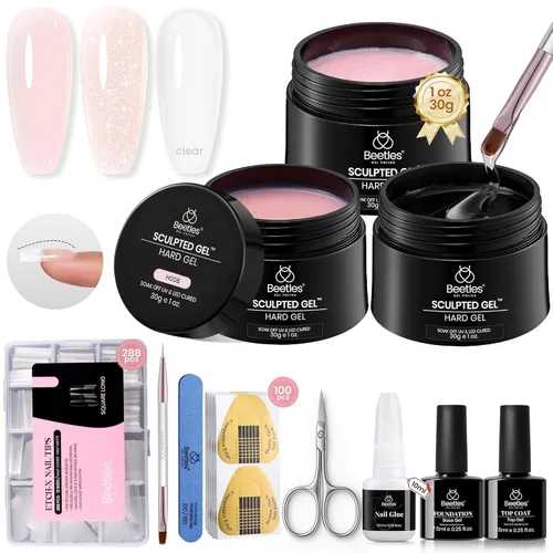 Beetles - Kit de gel duro para uñas, 3 colores 9 en 1, extensión de uñas de gel esculpido con purpurina color nude transparente de alta dureza para