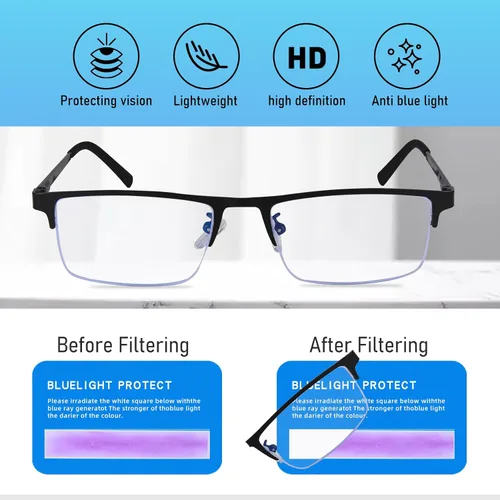 Miniatura 7 de Paquete de 3 lentes de lectura para hombre, ligeros de metal medio marco de metal con bloqueo de luz azul, lectores de computadora