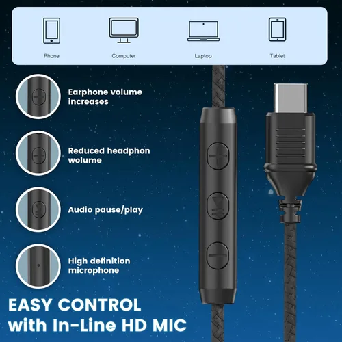 Miniatura 5 de Cowyawn Auriculares USB C con cable, auriculares USB C con cable con micrófono, control de volumen, sonido estéreo HD, auriculares USB tipo C Negro