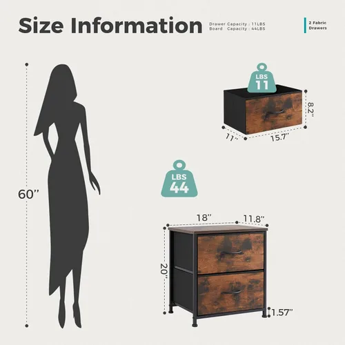 Miniatura 3 de DUMOS Mesita de noche pequeña con 2 cajones de tela, mesa auxiliar para dormitorio, muebles de almacenamiento para mesita de noche de 20 pulgadas