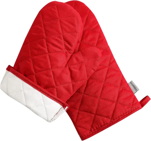 Miniatura 5 de Juego de 4 guantes para horno y soportes para ollas, resistentes al calor, 500 grados, extra gruesos, largos, de algodón, para cocina