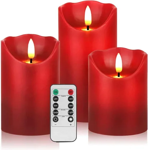 3 PCS Velas Rojas Sin Llama Parpadeantes - Velas de Cera Real de Pila LED Sin Goteo - Velas Operadas por Batería - Juego de Velas Electrónicas
