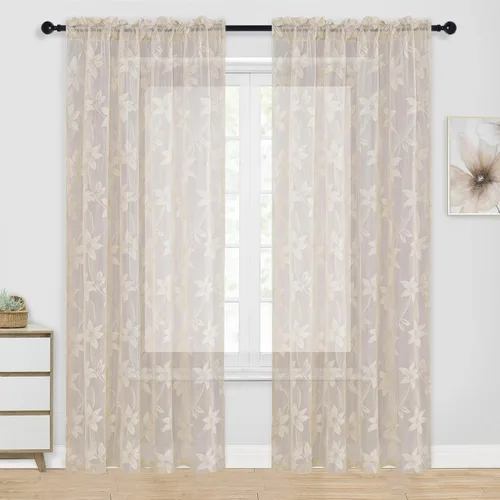 Miniatura 50 de DWCN Paquete de 2 cenefas de encaje floral para cocina, 52 x 18 pulgadas, con bolsillo para barra, cortina de gasa para ventana pequeña, cocina