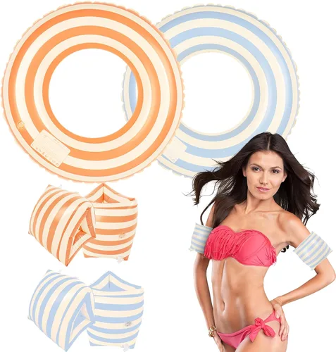FYSUIMU 6 flotadores inflables a rayas para piscina, anillos de natación, flotadores de brazo de piscina de PVC para adultos, decoración hawaiana de