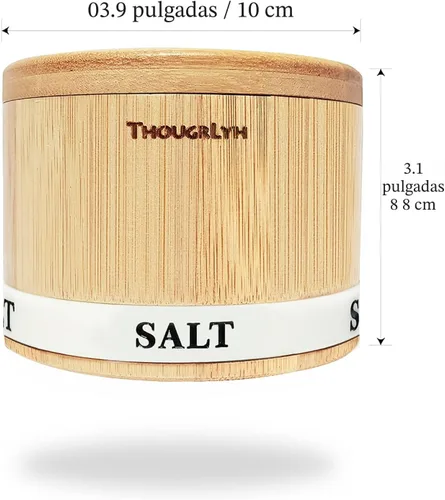 Miniatura 6 de ThougrLyh Caja de sal de bambú con tapa giratoria con imán para abrir y sellar fácilmente la bodega de sal con cuchara para almacenar sal, pimienta