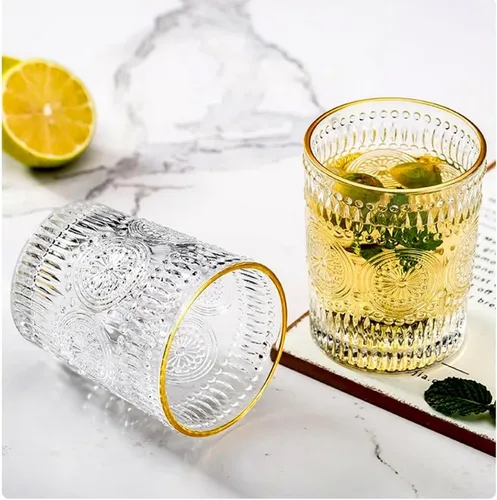 Miniatura 2 de Juego de 2 vasos vintage de 10 onzas para beber de cristal transparente, bonitas tazas de vidrio con girasol en relieve para café helado, té, jugo