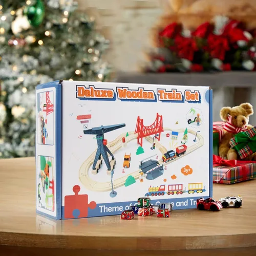 Miniatura 8 de WOOD CITY Juego de tren de madera, 56 piezas de lujo para niños de 2, 3, 4, 5 años, pista de tren temática de carga con grúa torre y puente