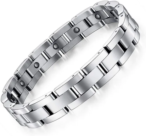 Feraco Pulseras magnéticas para hombre, elegante pulsera de terapia magnética de acero inoxidable de titanio con herramienta de tamaño, regalos de