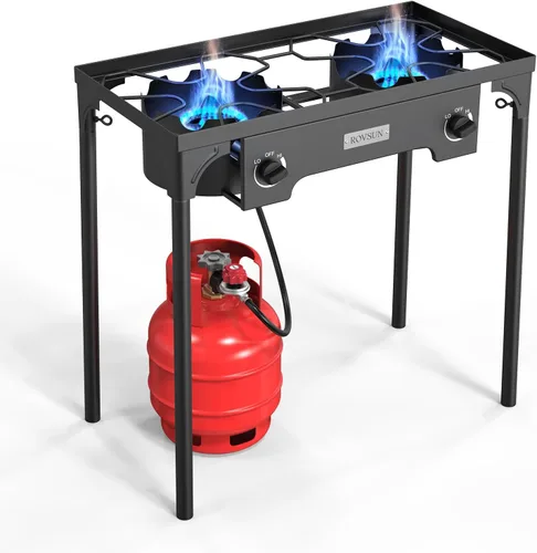 ROVSUN Estufa de gas de propano portátil para exteriores con 2 quemadores, 150,000 BTU de alta presión, estufa de pie para cocinar en el patio,