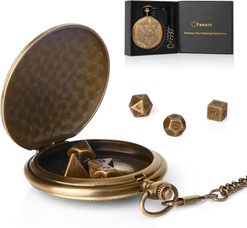 Juego de dados DND diminutos de 0.394 in con funda de reloj de bolsillo vintage, juego de dados D&D de metal poliédrico para Dungeons and Dragons,