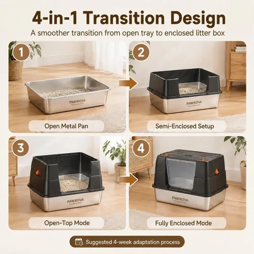 Miniatura 2 de Caja de arena de acero inoxidable 304 con tapa abatible, fácil de limpiar, caja de arena cerrada para gatos grandes, lados altos para pulverización
